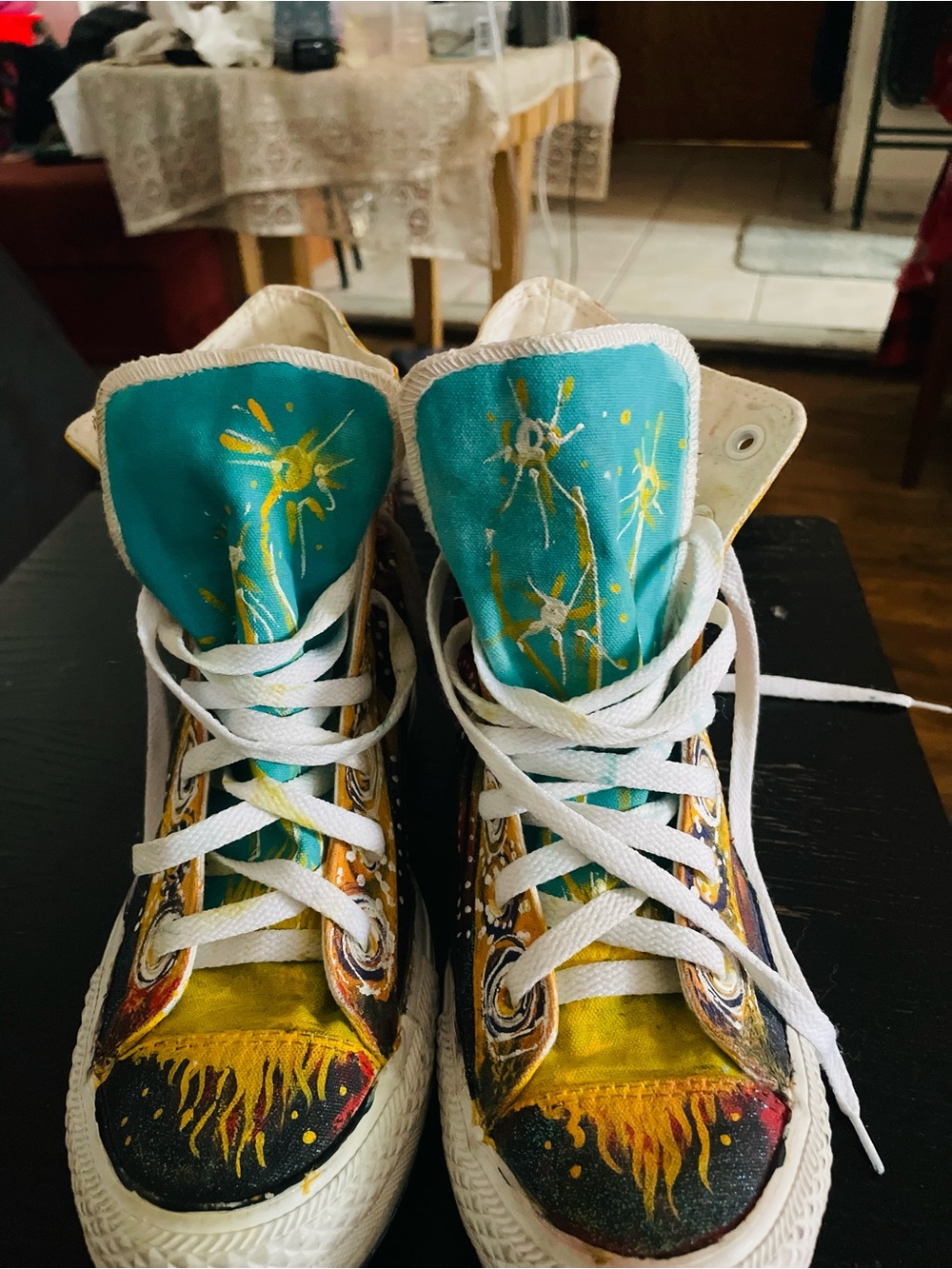 Converse Hand-Painted High-Top Sneakers, Teal & Yellow Paisley, Sz 10.